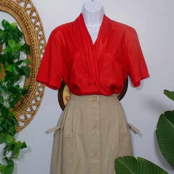 Vtg Red Draped Blouse Snap Neck Button Front Short Sleeve 80s | Bright Spring - Picture 1 of 12